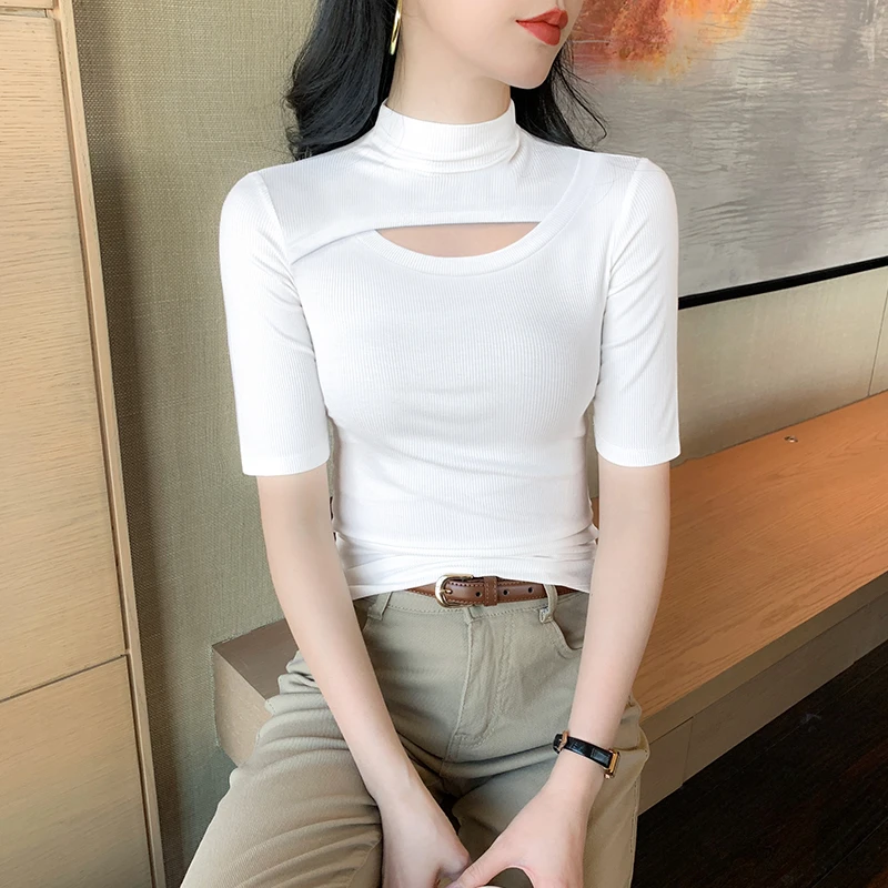 镂空黑色半高领t恤女中袖2025新款五分半袖修身打底衫正肩上衣夏