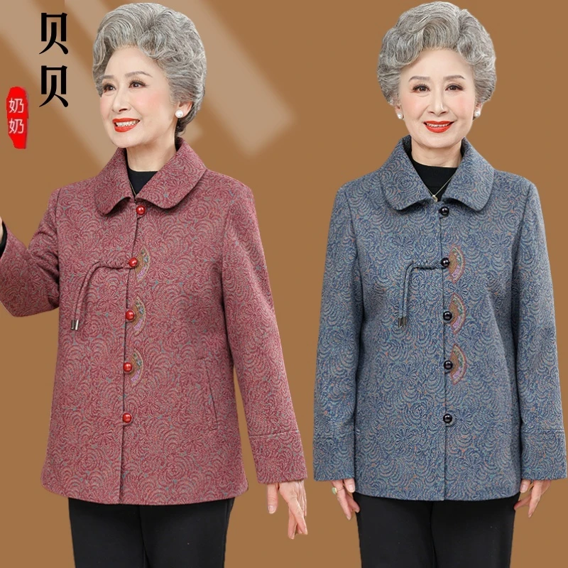 2025老年人春装外套高品质奶奶装60岁70岁妈妈上衣翻领毛呢外套女