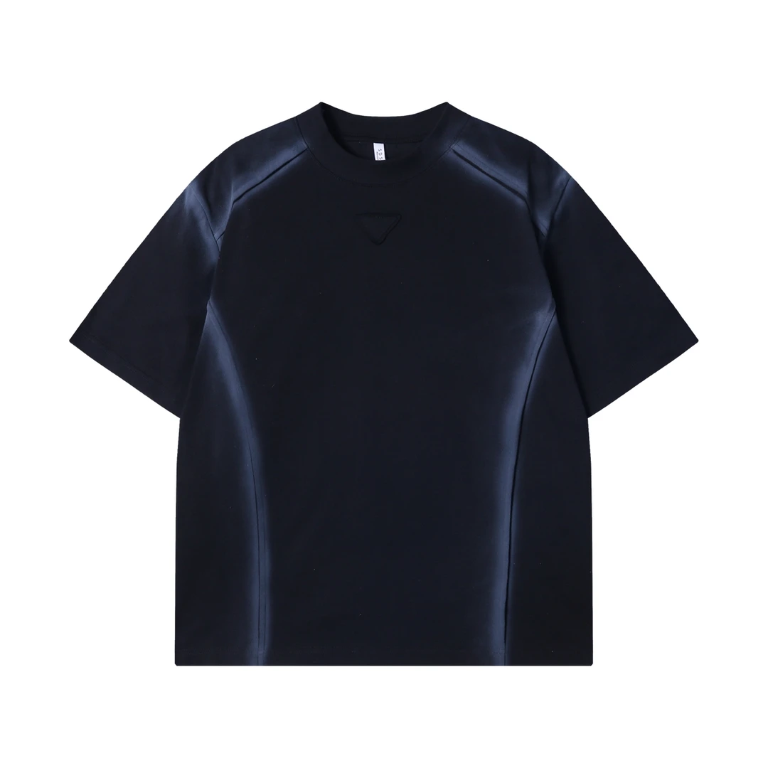 夏季高级感新款潮牌撞色喷绘线条圆领短袖T恤休闲情侣宽松上衣