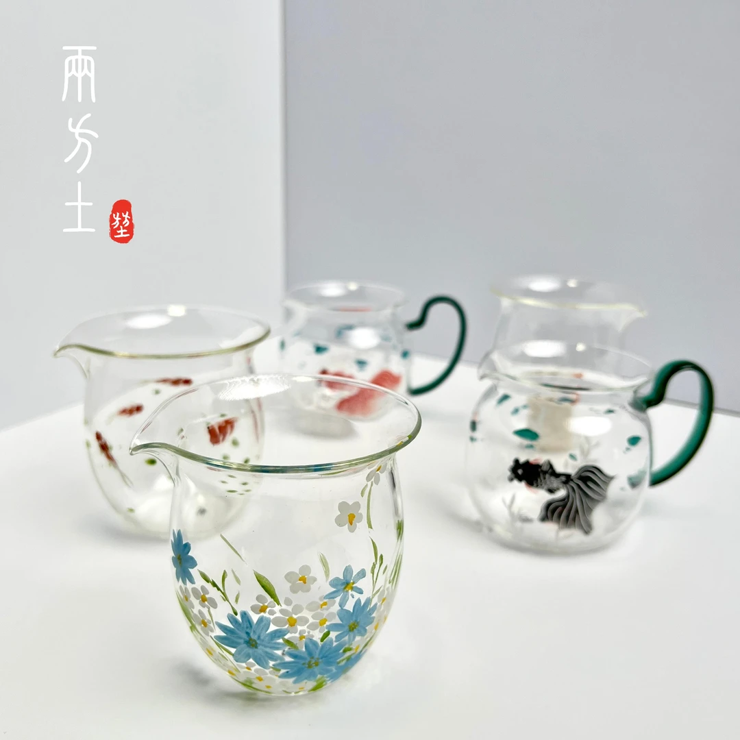 两方土 高硼硅玻璃手绘金鱼花猫猫公道杯茶海分茶器（多款可选）
