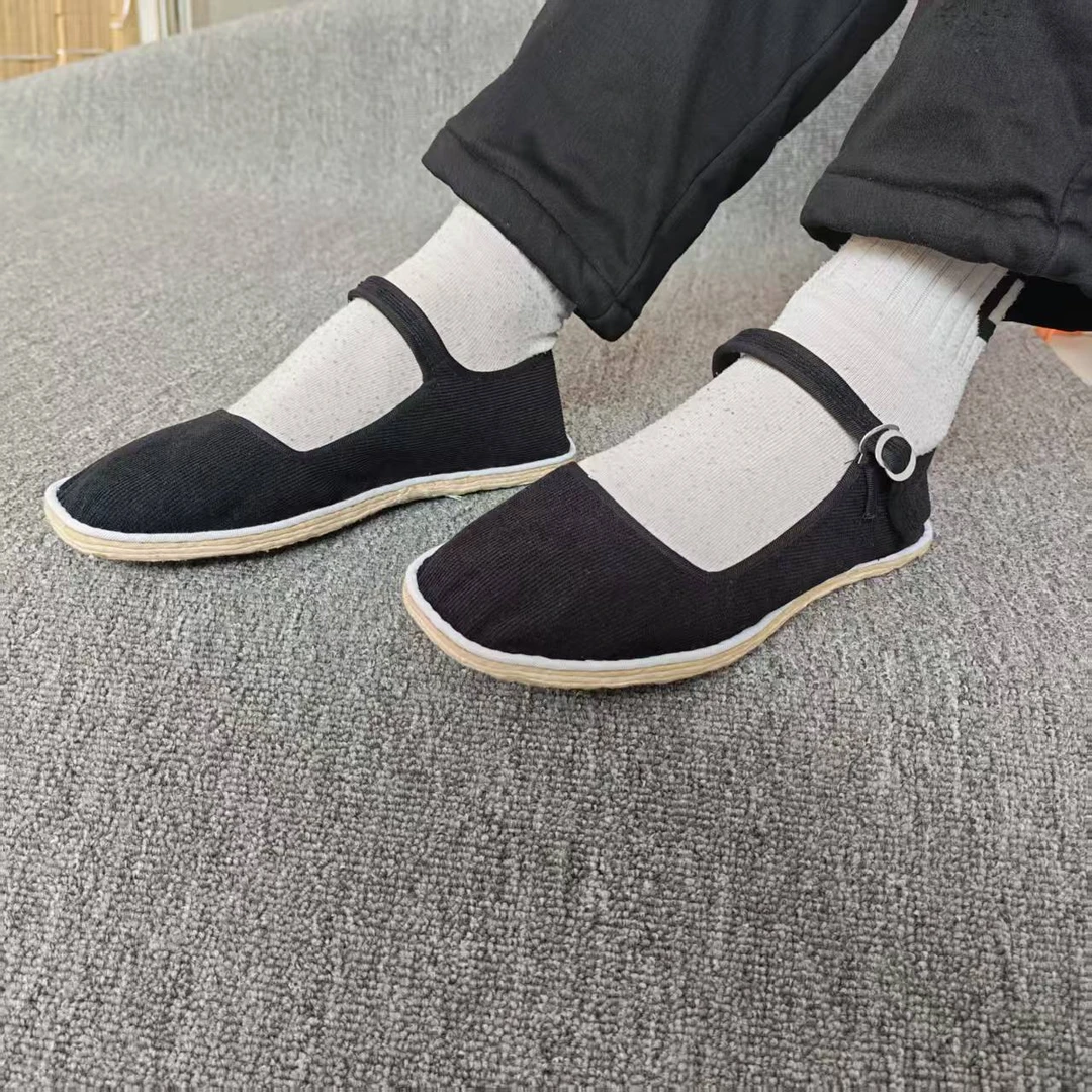 纯手工麻绳纳底黑色条绒布鞋一带方口素面单鞋传统透气休闲不臭脚