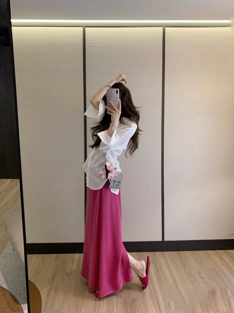 简约气质衬衫长袖T恤女上衣+显瘦垂感长裙Q181