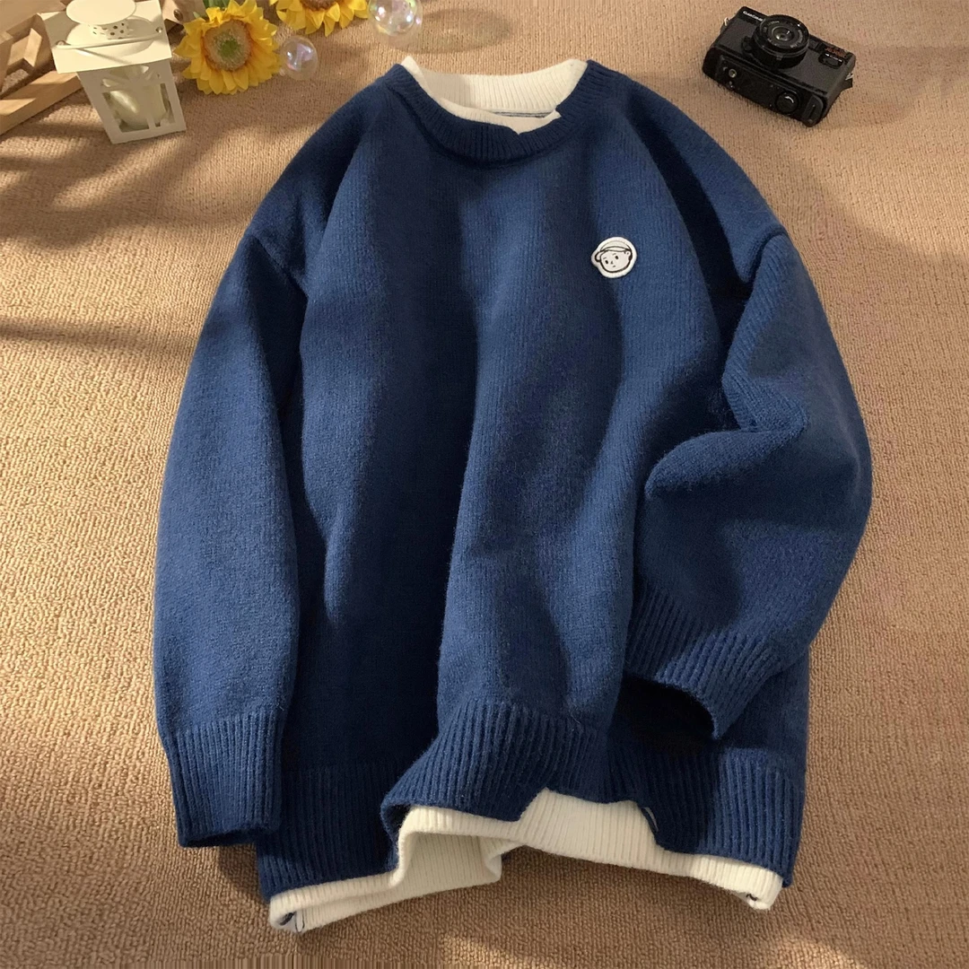 【加厚面料】日系复古假两件毛衣男港风潮流圆领针织衫宽松毛线衣