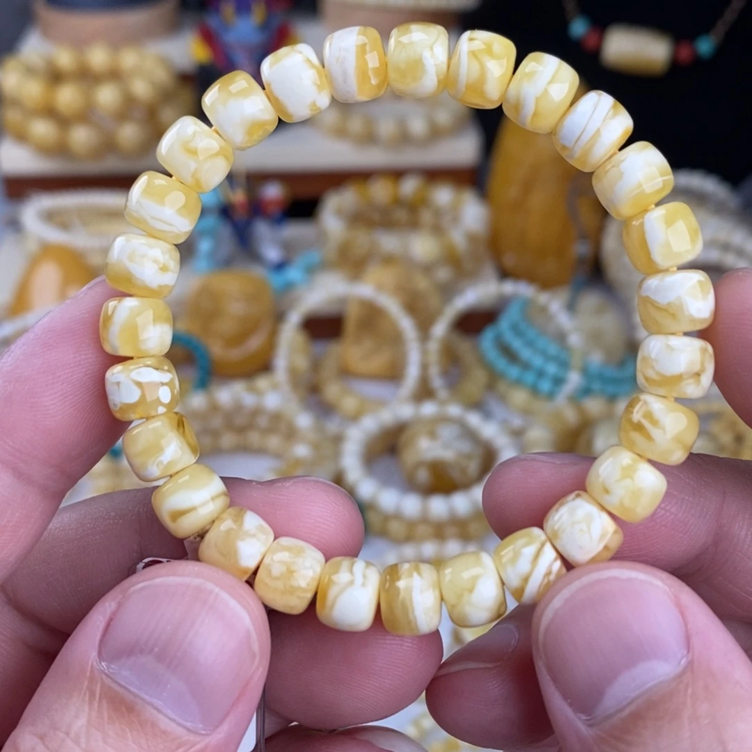 蜜蜡未镶嵌手链漆白透底虎皮纹8.3mm