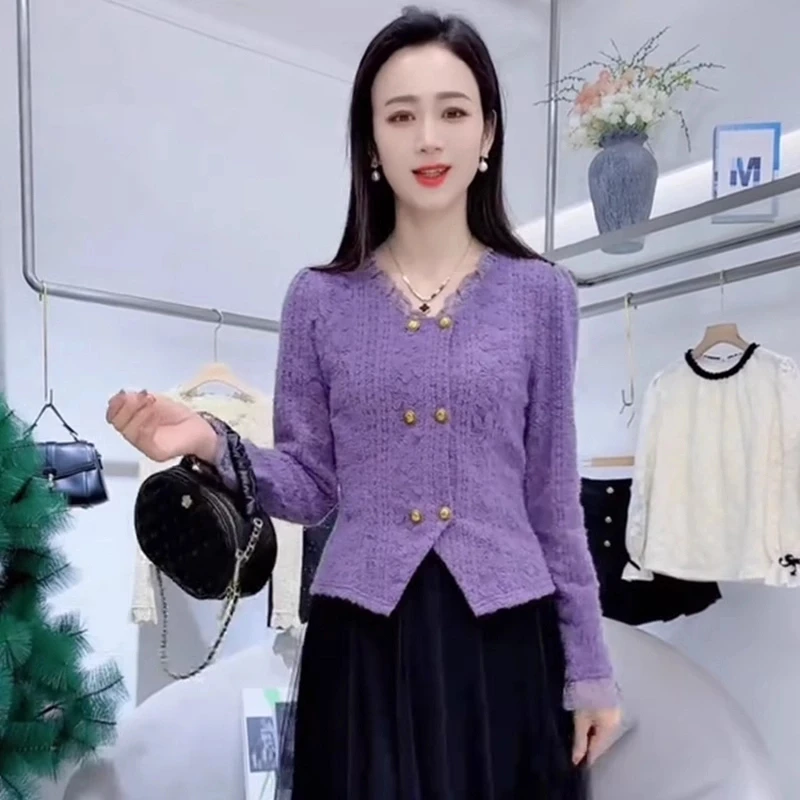 法式蕾丝花边V领衬衫女2025春秋季新款减龄修身短款显瘦长袖上衣