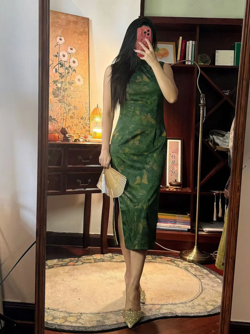 超凉爽复古香云【绿映蝶】微胖国风旗袍少女气质新中式修身连衣裙