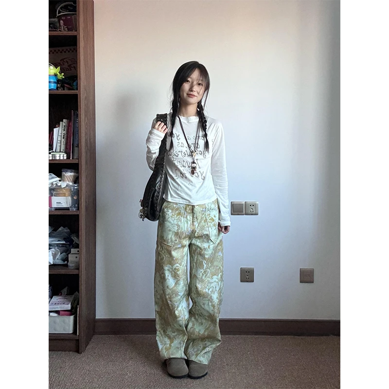 长袖t恤字母印花防晒罩衫辣妹上衣扎染工装牛仔裤阔腿脏脏裤子女