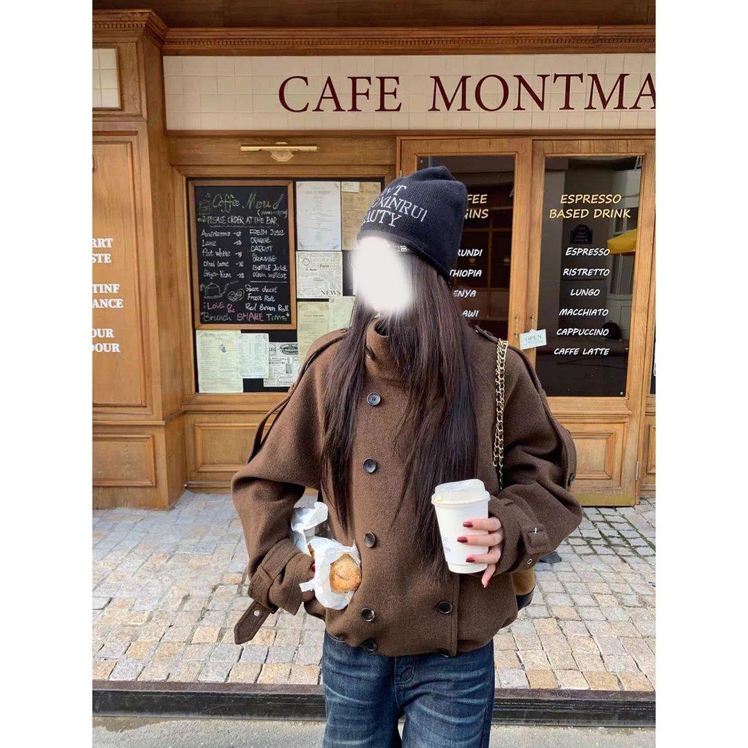 毛呢外套双排扣束口袖秋季立领宽松小众百搭设计款高领毛呢外套女