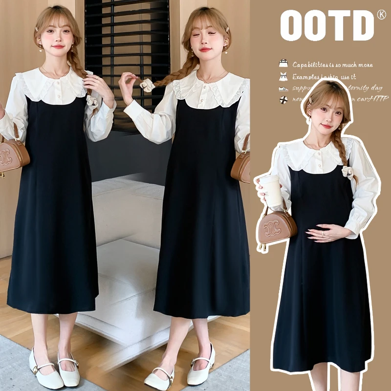 孕妇2025新款韩版显瘦洋气时尚娃娃领假两件拼接宽松孕妇连衣裙