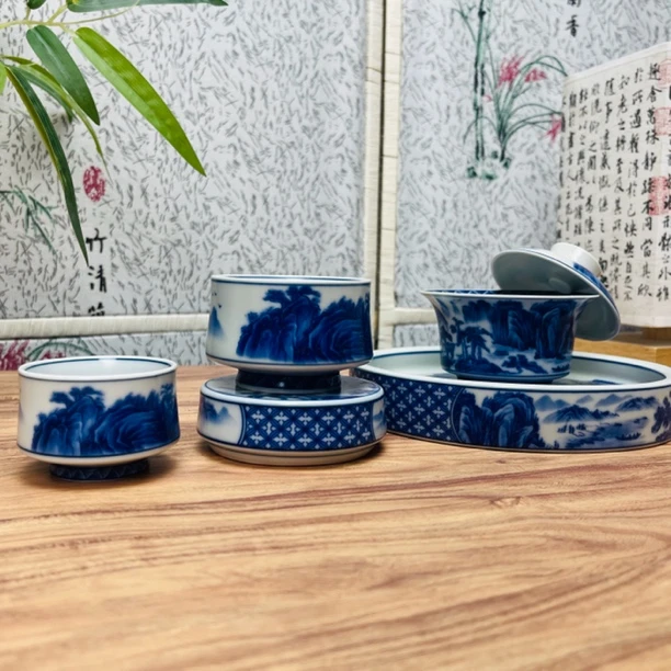 景德镇陶瓷青花重工山水春山图釉下整套功夫茶茶具套组盖碗壶承