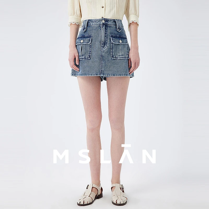 MSLAN新款设计感时尚气质百搭舒适双口袋高腰牛仔短裙女 MFBV8101