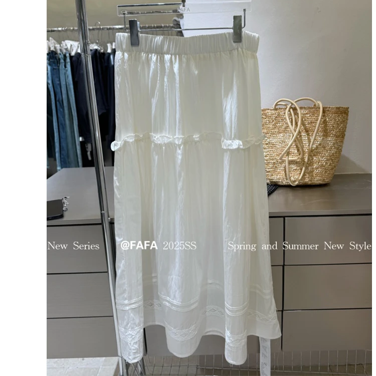FAFA 6293拼接蕾丝设计松紧腰半身长裙2025夏季韩系百搭简约a字裙
