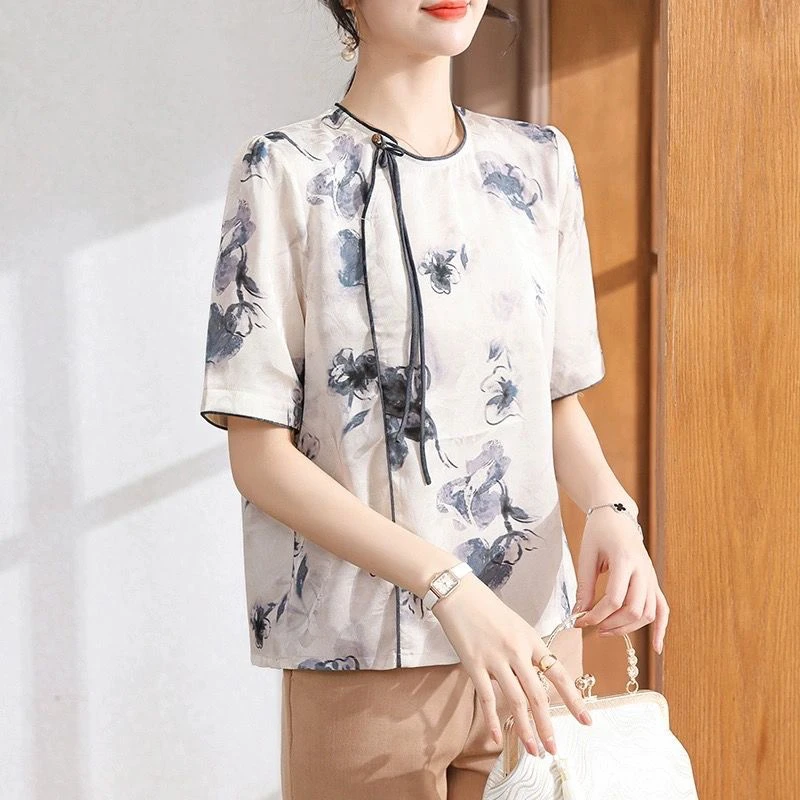 现货福利印花常规洋气中老年女装宽松休闲国风圆领时尚短袖