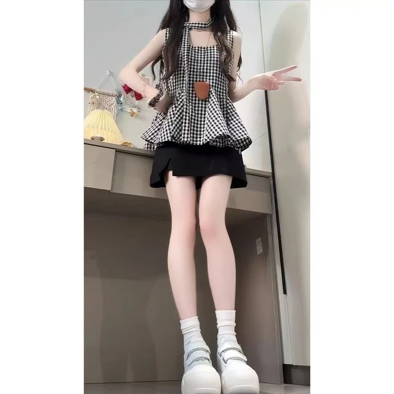 新款韩系格子背心飘带上衣黑色裤裙女套装气质显瘦洋气穿搭两件套