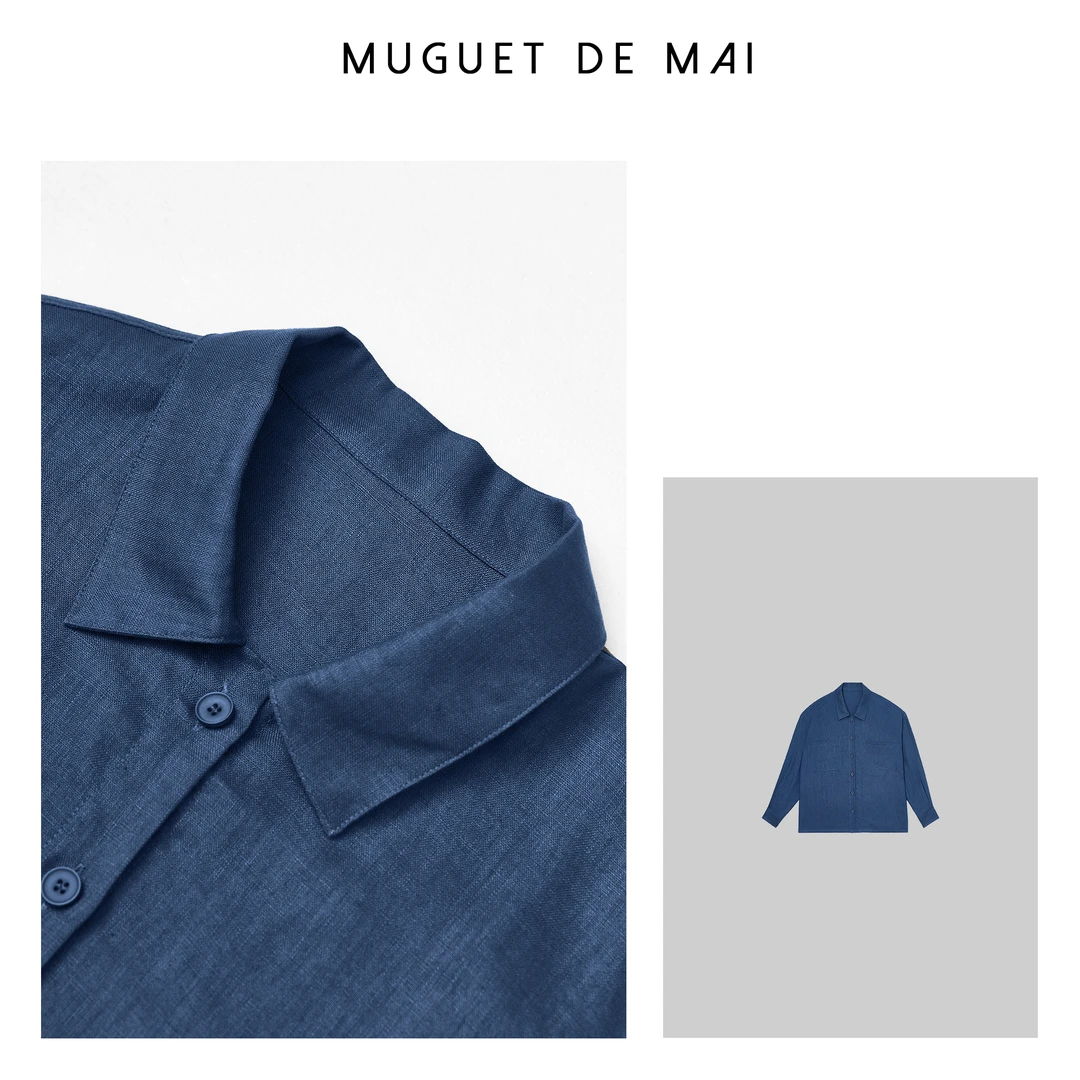 【MGDM】100%亚麻藏青长袖衬衫 SBW24132