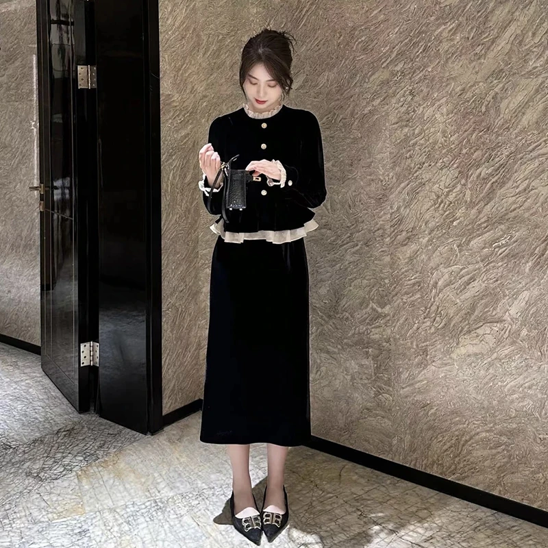 【V】假两件整套连衣裙漂亮爆款秋冬女装新款气质拼接小黑长裙7725