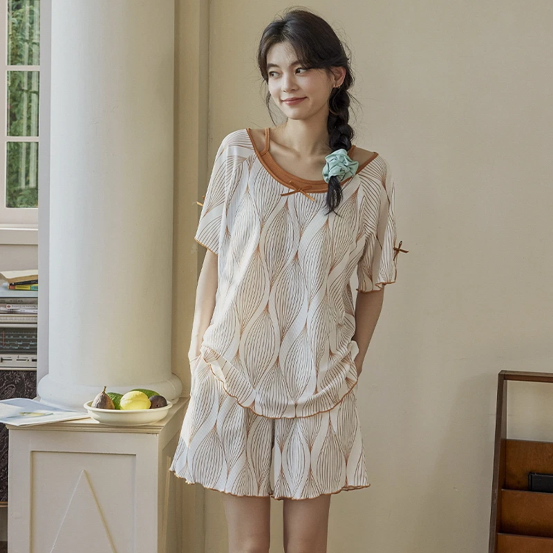 323夏季新款冰丝螺纹短袖短裤带胸垫女士休闲睡衣家居服套装YNE