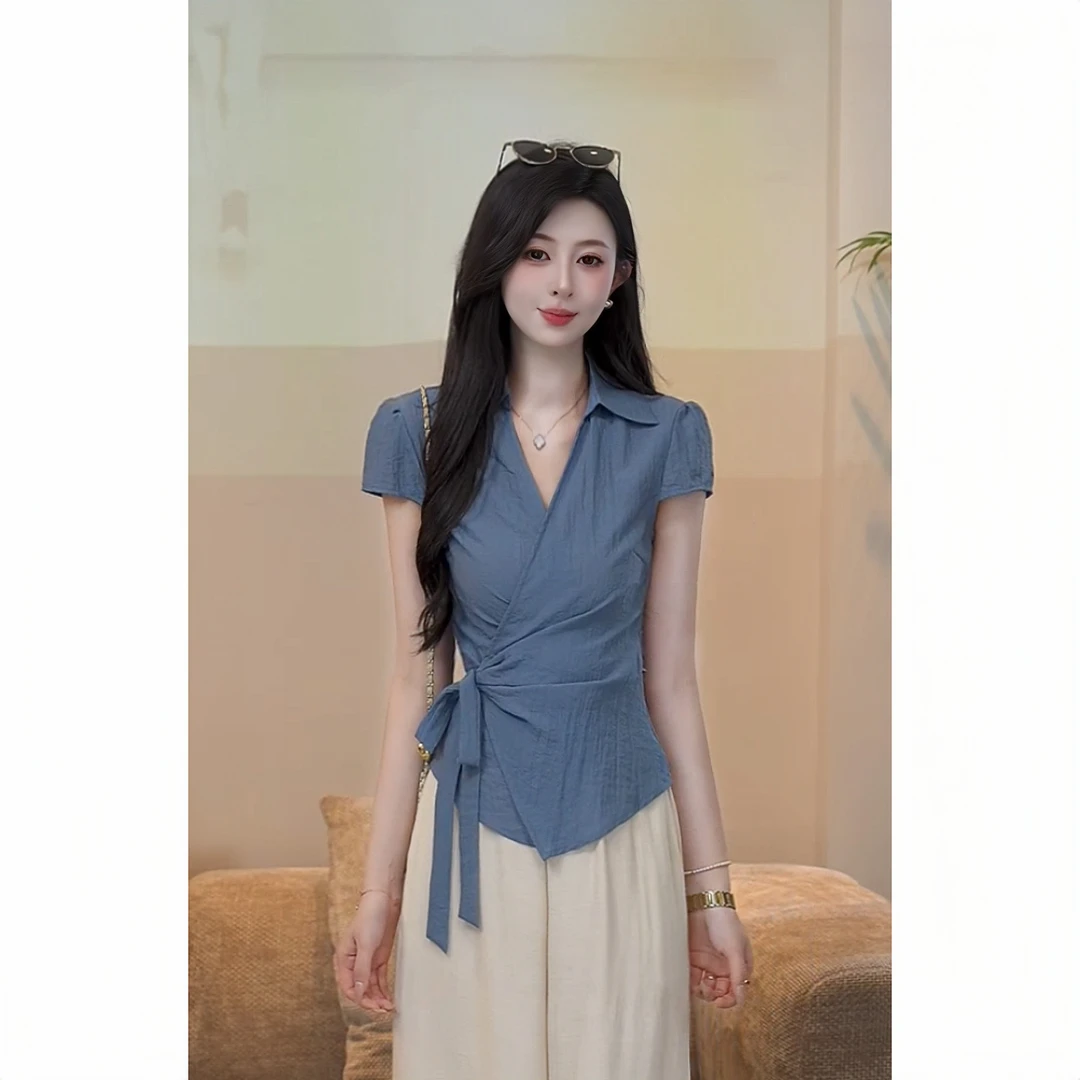 YUANLIANSU/圆脸酥【沫若清辰】休闲复古设计感收腰系带洋气衬衫女