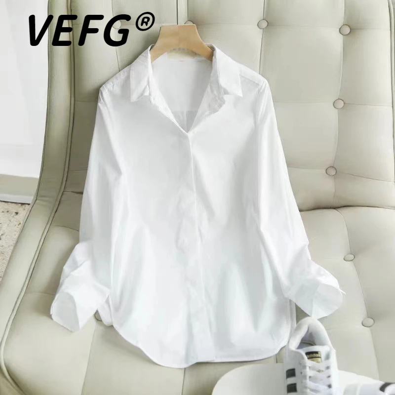 VEFG韩版微弹力棉质白色衬衣女洋派内搭宽松休闲不透长袖内搭衬衫