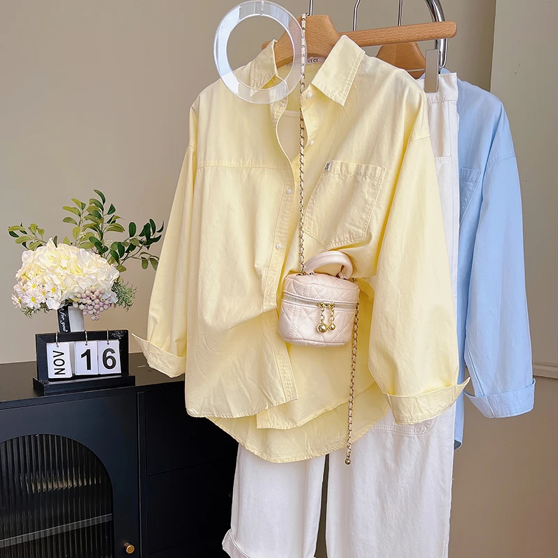奶黄色纯棉长袖衬衫女2025新款爆款洋气时尚宽松中长款显瘦衬衣潮