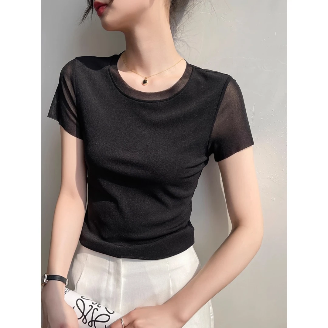 女士短袖t恤黑色内搭打底网纱修身圆领正肩上衣小众百搭2025新款
