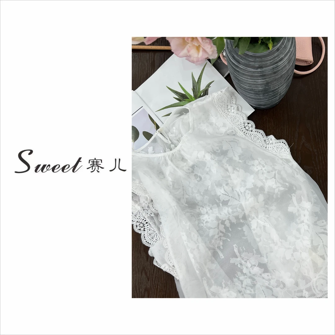 【赛儿专属】｛2679｝森系刺绣蕾丝花边拼接宽松百搭小清新减龄无袖