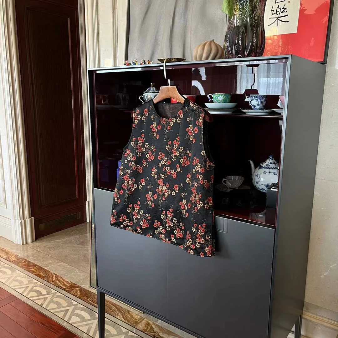 漫颜刘桑蚕丝印花马甲2023夏季新品圆领套头休闲时尚花朵中式上衣