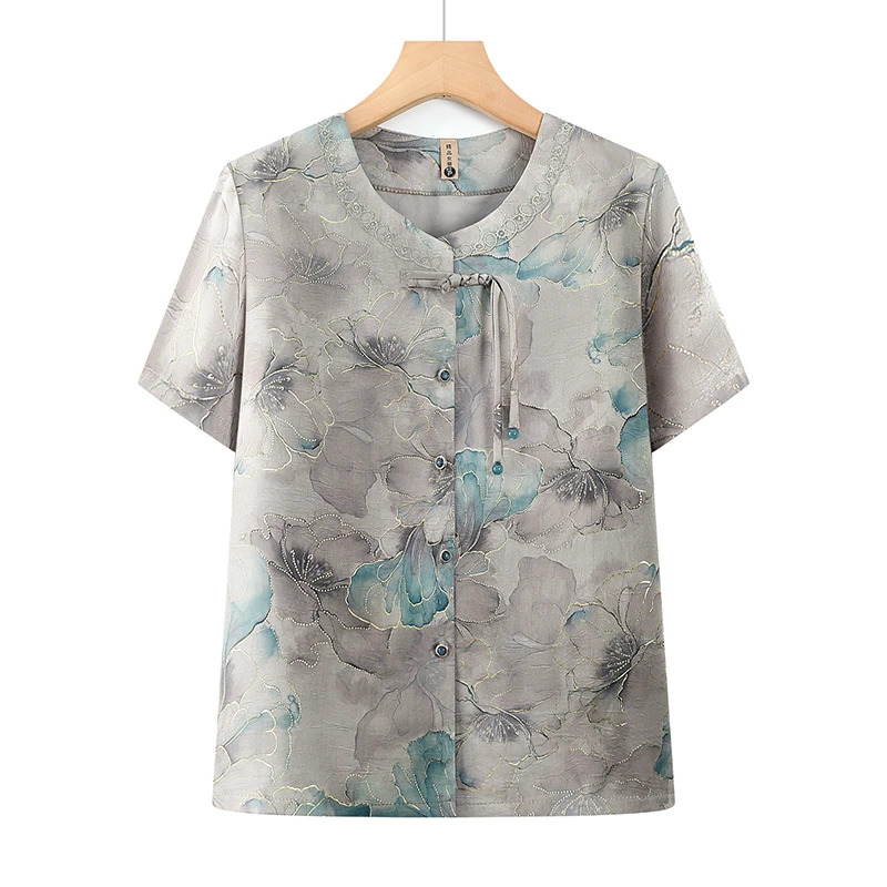 洋气中老年人短袖衬衫老太太衣服中式国风小衫宽松奶奶夏季上衣女