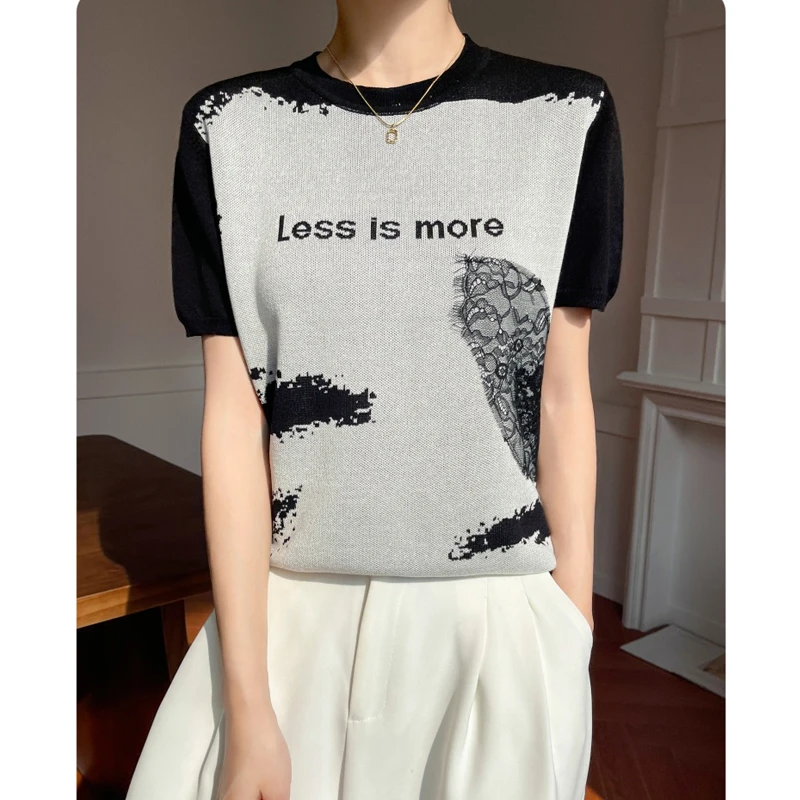 短袖女针织显瘦气质T恤时尚洋气宽松上衣薄款休闲半袖圆领打底衫