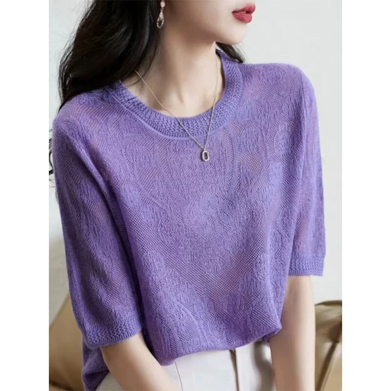 女夏装时尚韩版圆领薄款紫色短袖冰丝针织衫T恤555
