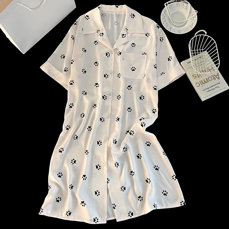 女大学生睡裙女款爆款2025新款白色满印狗爪甜美风休闲睡裙家居服