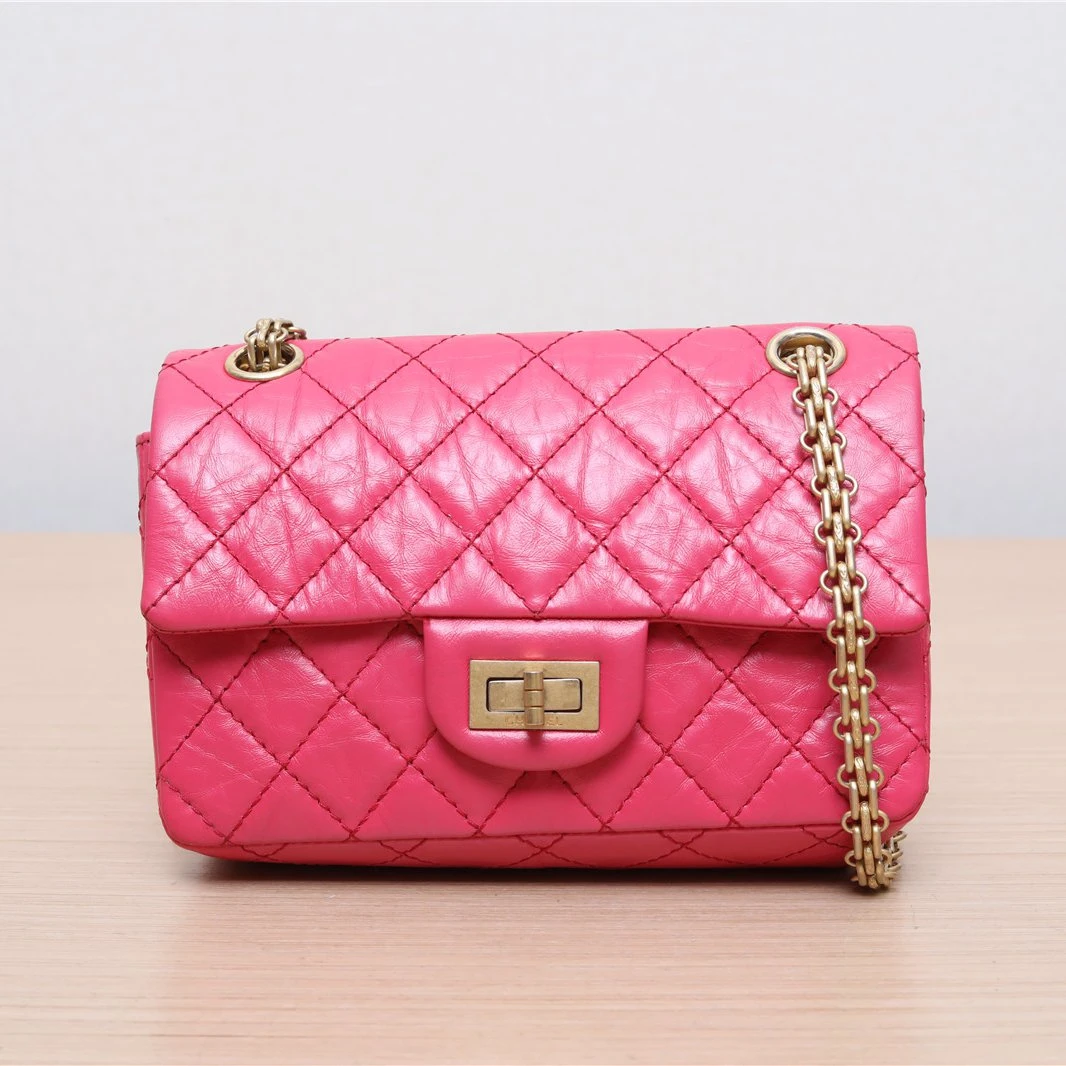 95新 Chanel/香奈儿 小花双双 2.55 口盖包 迷你 玫红 皮革C 30开