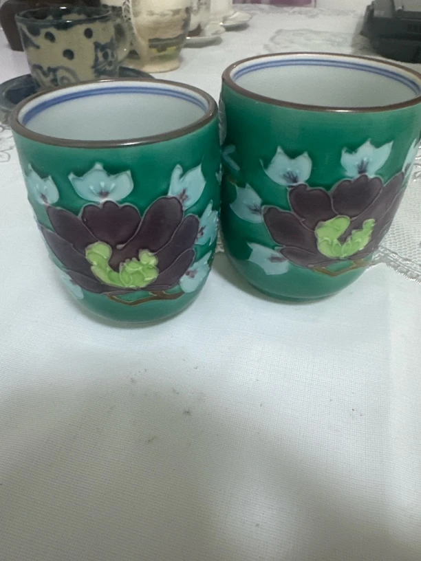 日本清水烧平安洸春大师作品绿釉一对夫妻杯