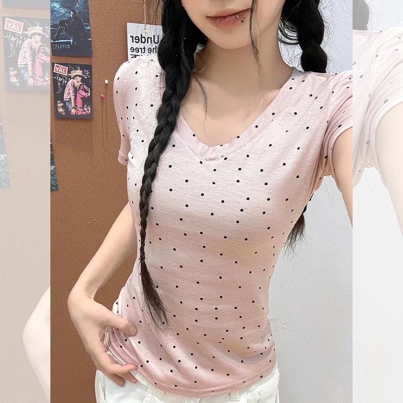 嫩粉色波点正肩纯欲低领口修身显瘦小上衣女2025夏季新款