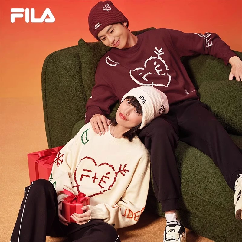 FILA 斐乐情侣新年编织衫2025春时尚涂鸦手绣套头毛衣F11U516401F