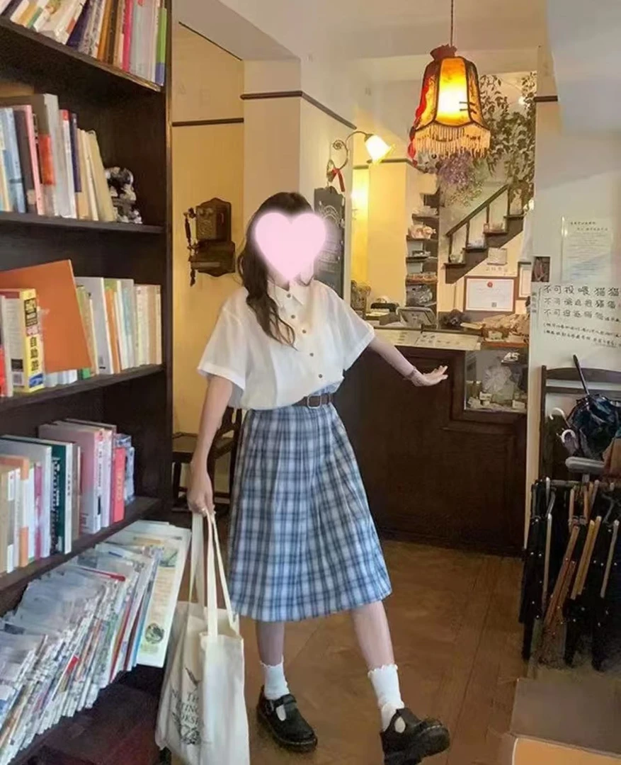 胖MM夏季新款穿搭韩系衬衫上衣＋格纹半身裙减龄显瘦套装两件套