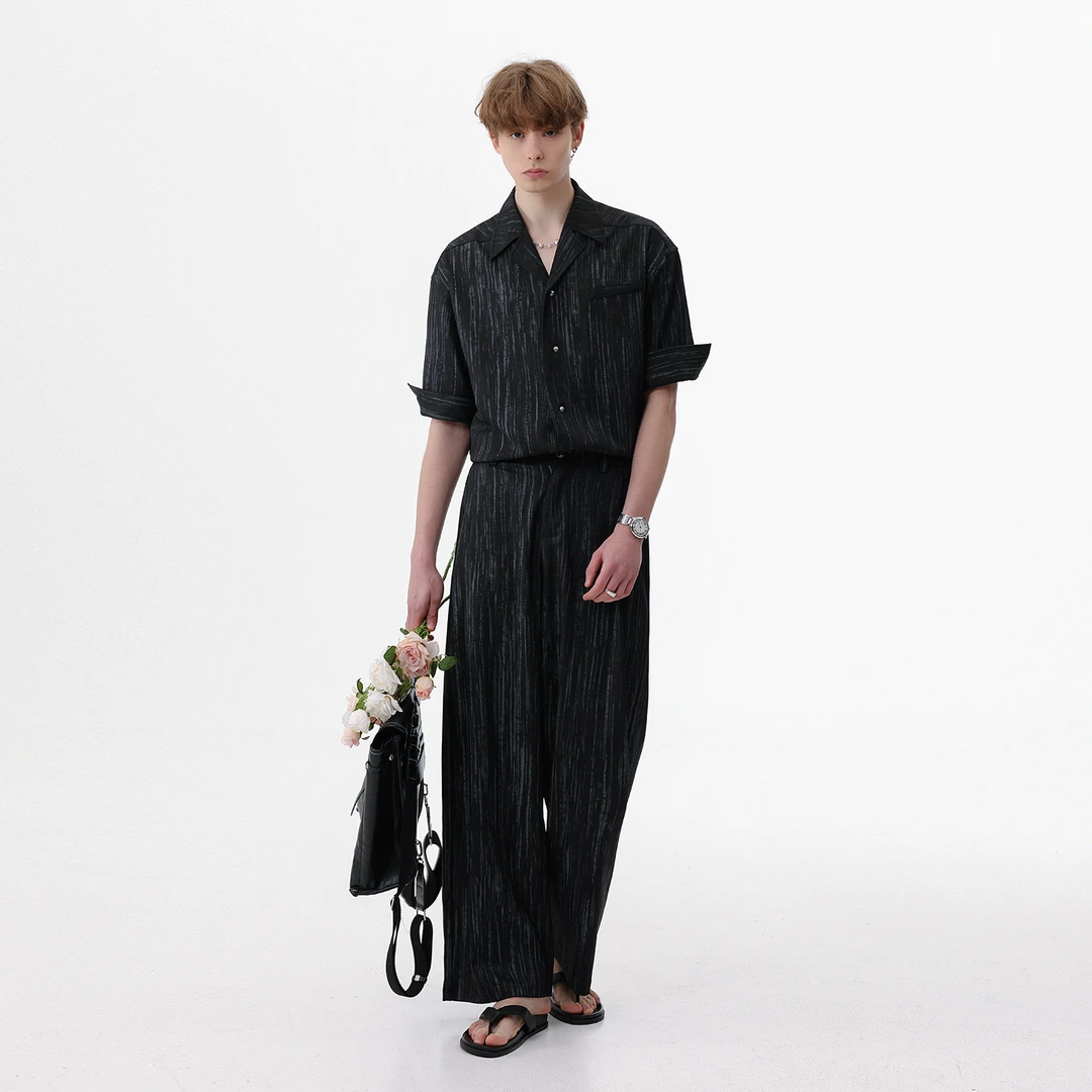 CHOR2025夏季新款慵懒风做旧感古巴领衬衫套装男宽松短袖轻奢高级