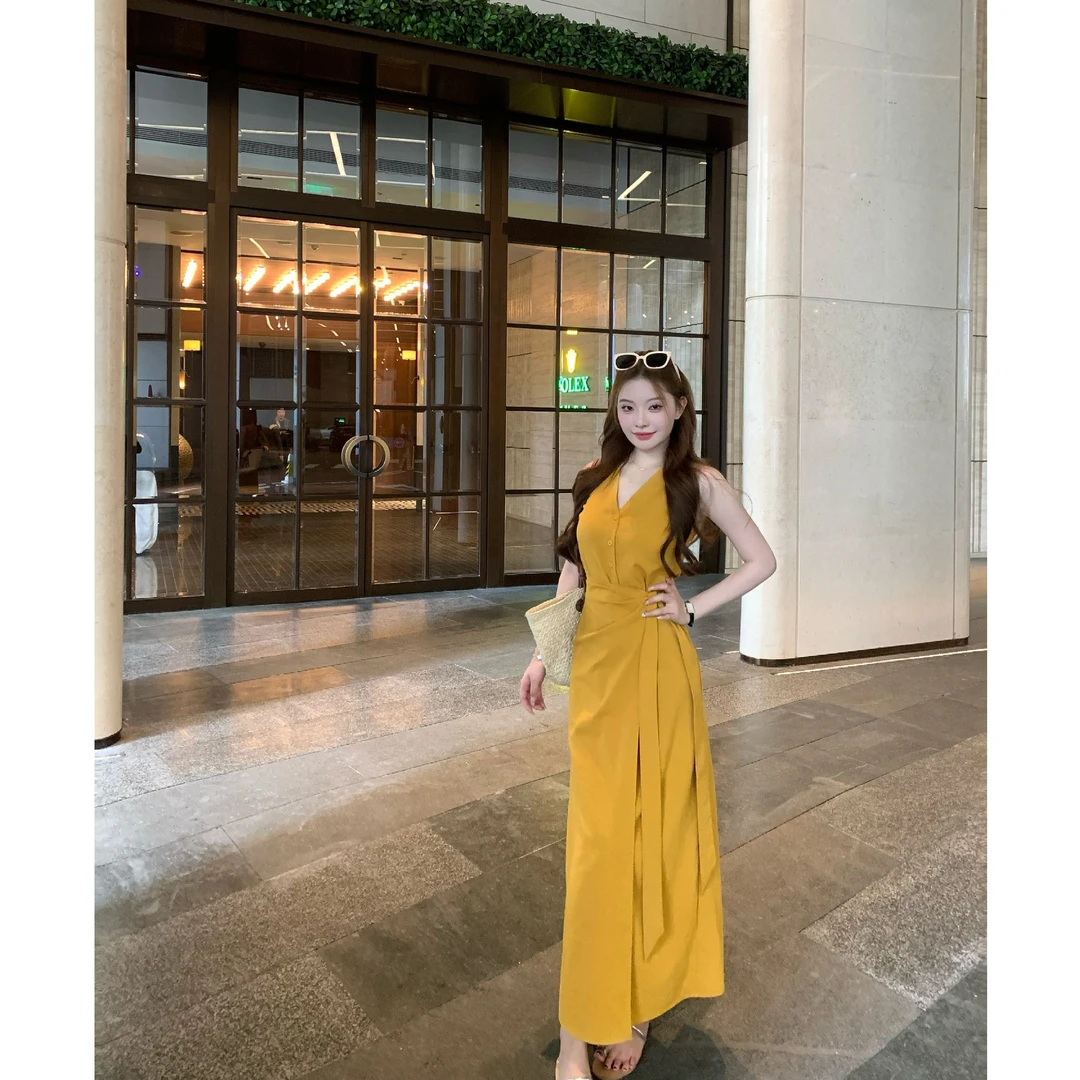 SZA【流彩梦境】夏季新款韩系高级感V领无袖绑带修身连衣裙A-2099