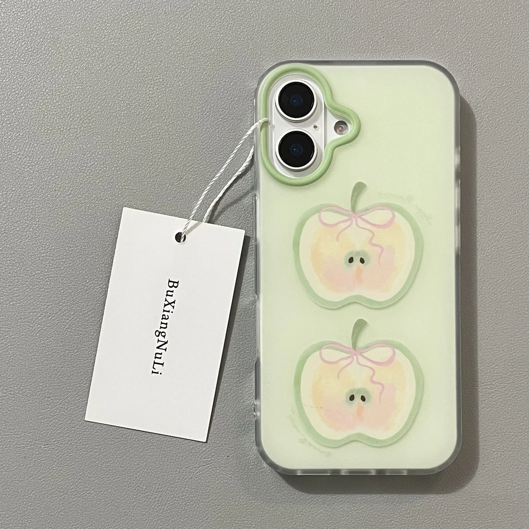 ins小清新油画两个青苹果适用苹果16pro手机壳iPhone15磨砂14/13