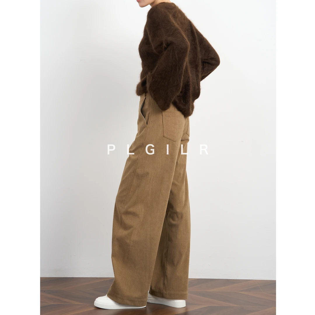 PLGILR秋冬加厚浅咖灯芯绒阔腿裤香蕉裤高腰复古休闲女裤｜904qk