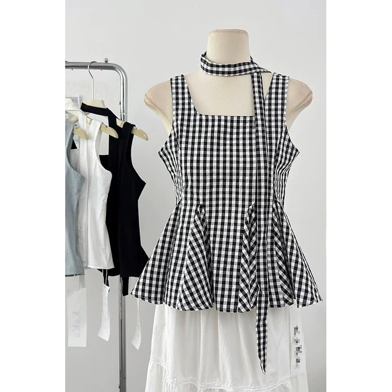 夏日清纯系穿搭无袖背心女设计感小众不撞衫韩系甜妹格子飘带上衣