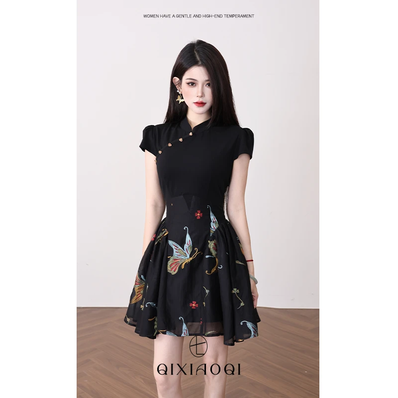七小七Sicily【蝶戏落花】新中式改良蝴蝶刺绣设计感气质短款连衣裙