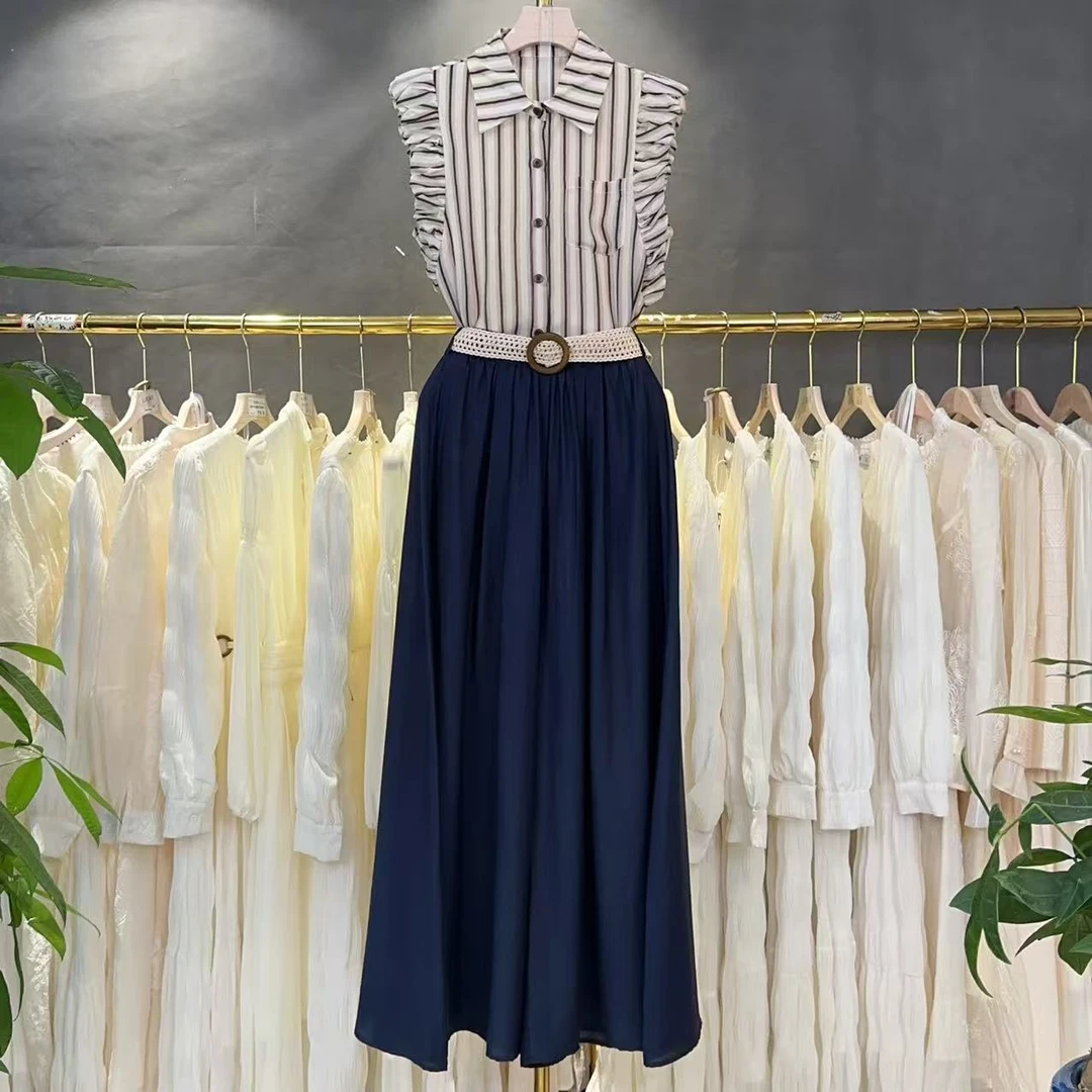 高级感时尚套装2025夏季新款翻领条纹衬衫休闲裤两件套M166