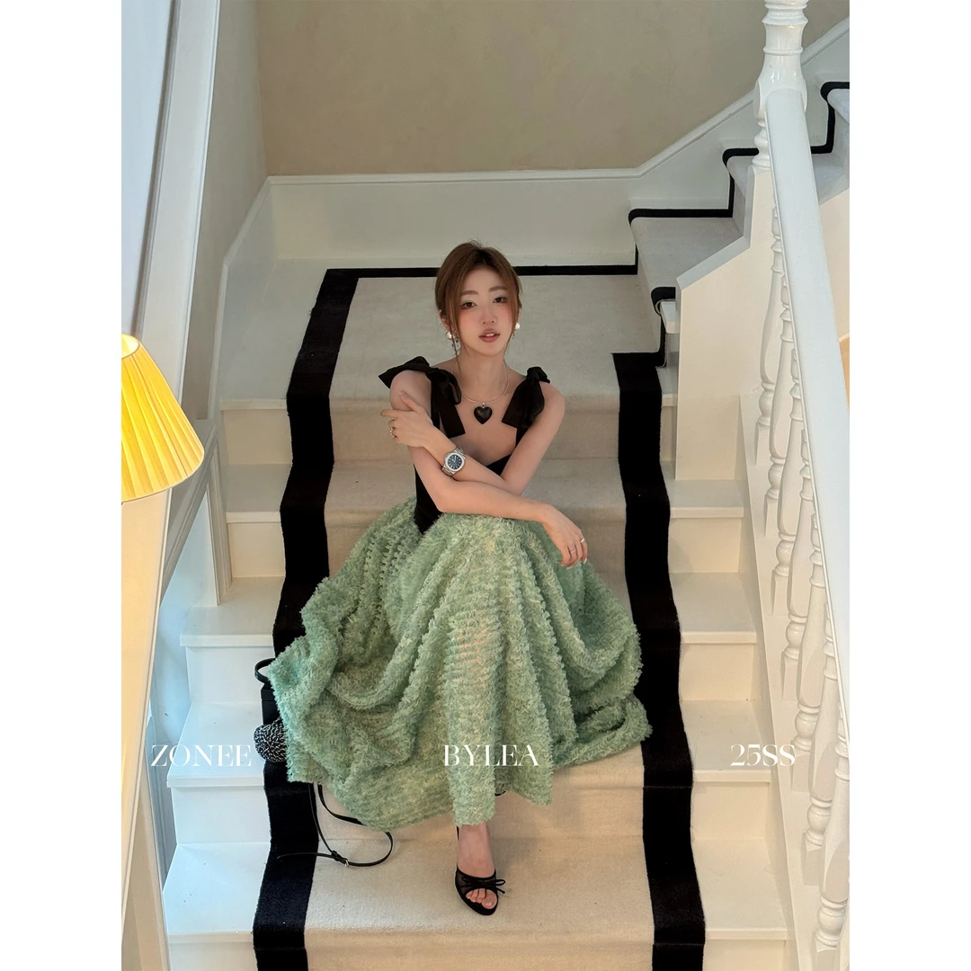 ZONEE 海洋之心 原创设计法式优雅黑绿公主连衣裙