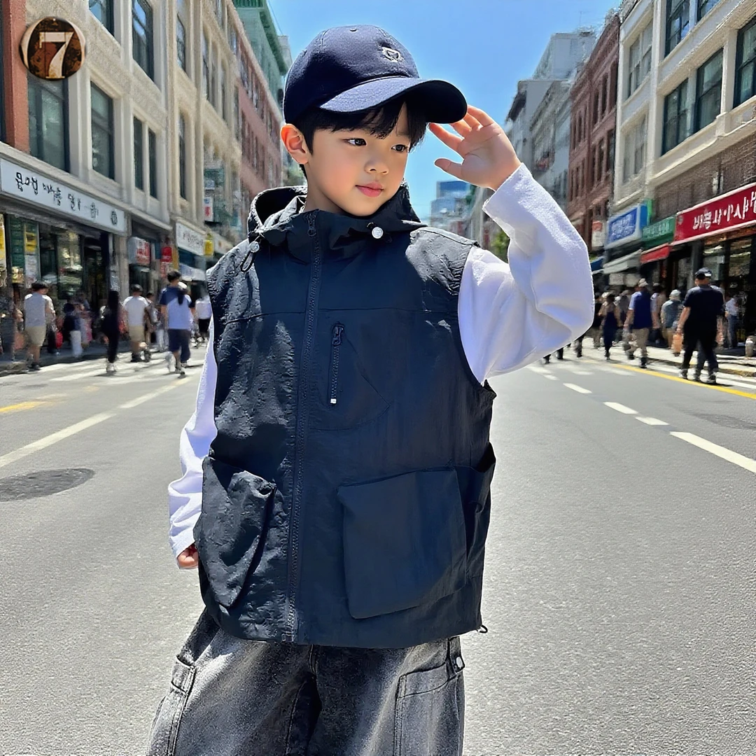 男童马甲春秋2025新款儿童韩版拉链连帽背心外穿男孩帅气坎肩外套