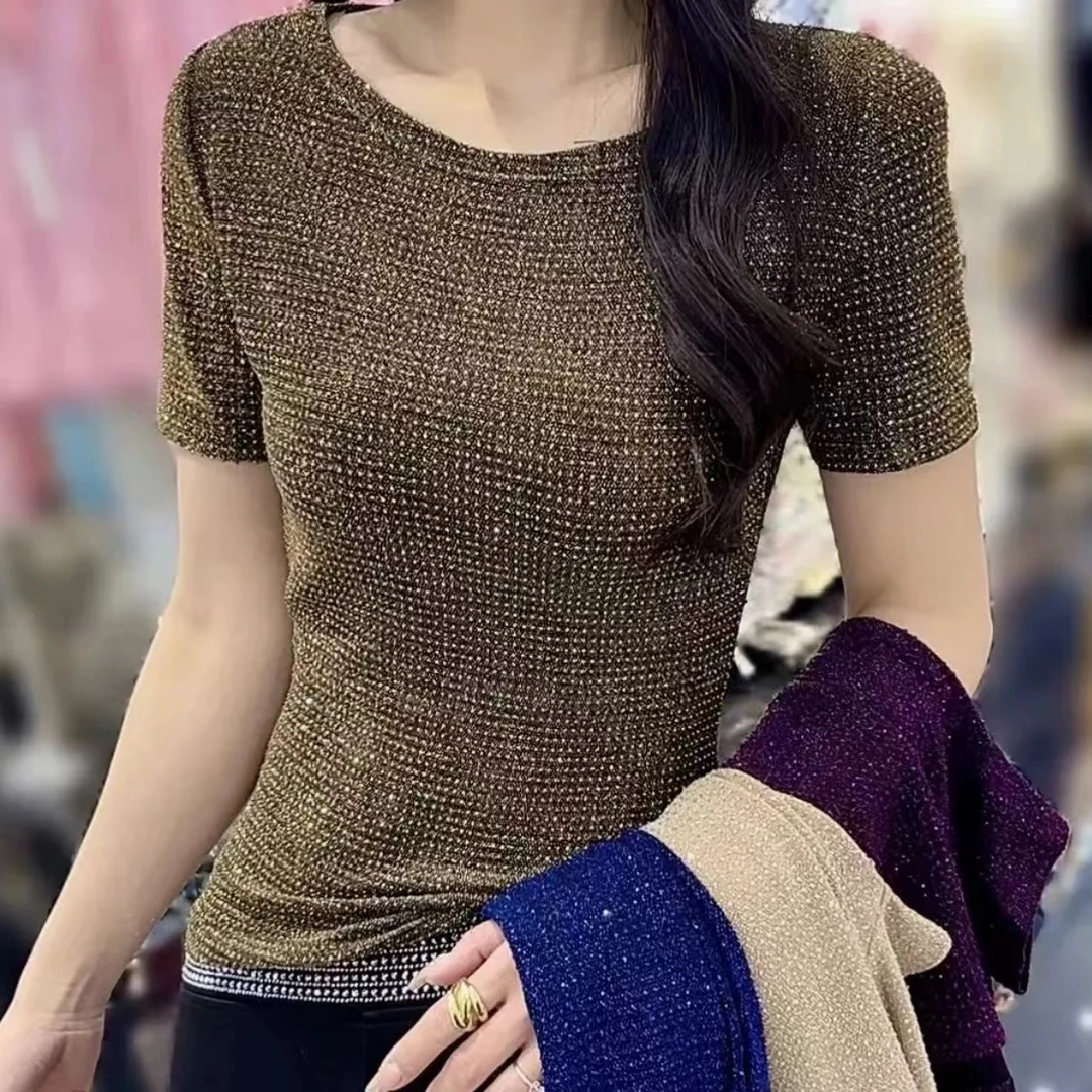 短袖圆领洋气修身显瘦t恤镶钻网红韩版法式女士夏季T恤通勤