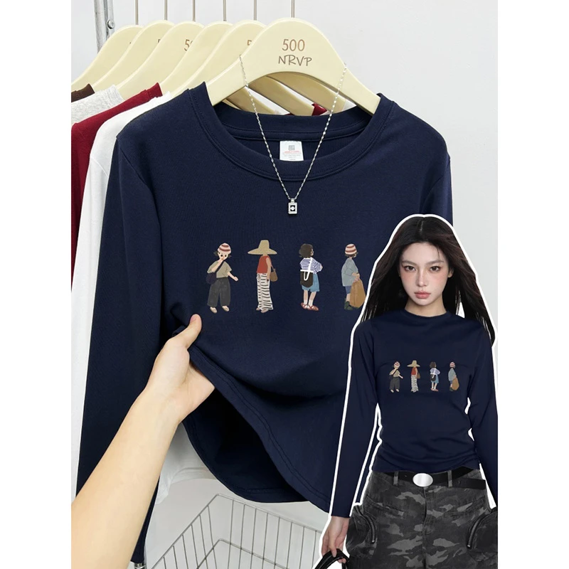 卡通女孩印花正肩长袖t恤女修身高弹力休闲简约ins大码女装上衣潮