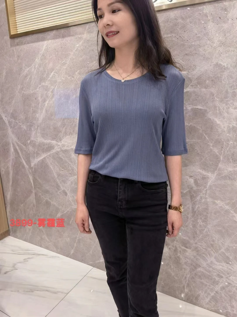 NJ3899桑蚕丝异形螺纹提花T恤五分袖针织时尚百搭夏季女士