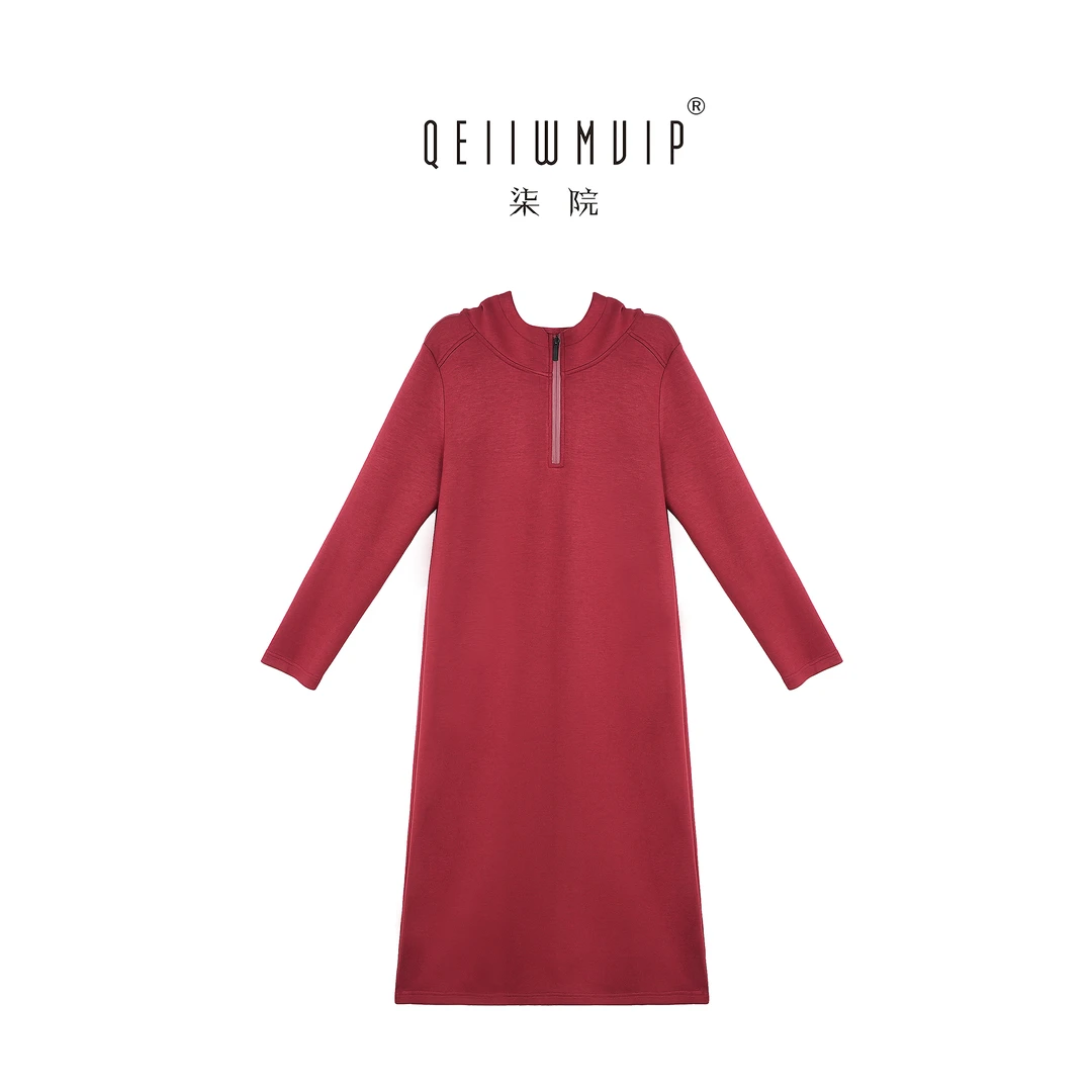 QEIIWMVIP/柒院秋冬赫本风连帽半拉链遮肉显瘦气质长袖连衣裙7277