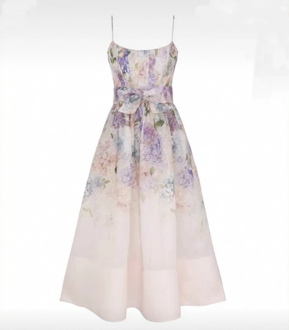 ZiM夏季新款丝麻印花修身吊带连衣裙时尚气质花卉系列度假风长裙